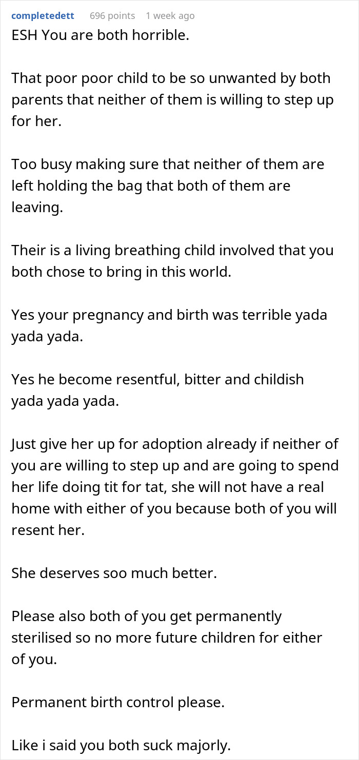 Comentario de Reddit sobre el resentimiento después de un embarazo difícil y sentimientos encontrados sobre el divorcio y la custodia de los hijos.