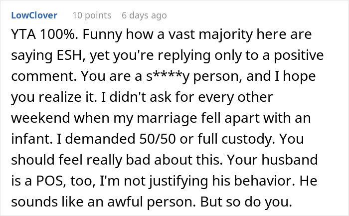 Captura de pantalla de un comentario en un foro que analiza cuestiones de resentimiento y custodia después de un embarazo difícil en un conflicto matrimonial.