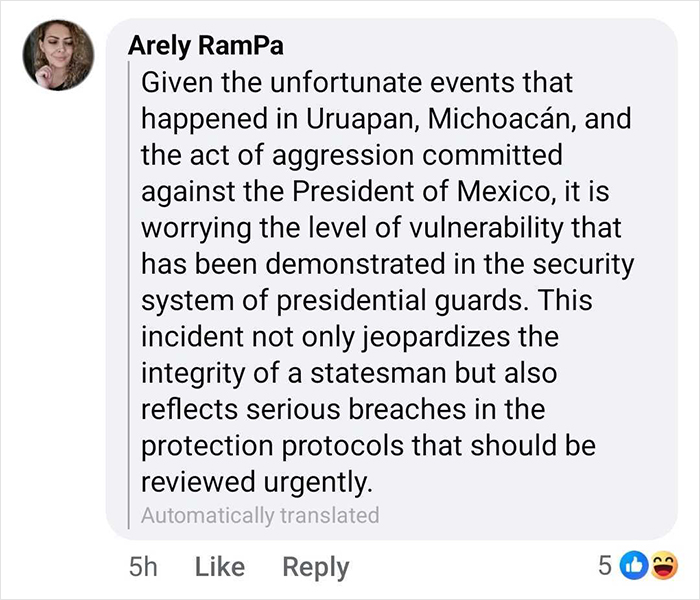 Comentario sobre la violación de seguridad y la vulnerabilidad que involucra al presidente mexicano en medio de la agresión en el incidente de Uruapan, Michoacán.