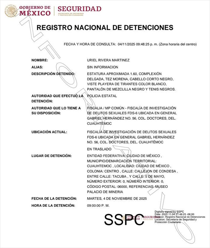 Documento que muestra el registro nacional de detenciones en México con detalles sobre un detenido y autoridad de detención.