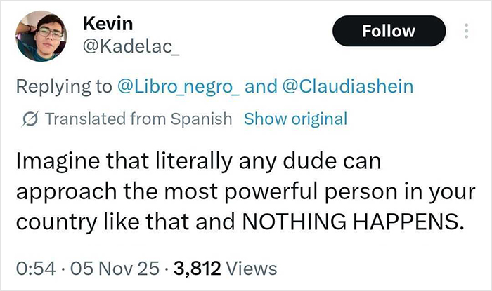 Captura de pantalla del tweet que muestra un comentario sobre cómo cualquier hombre puede besar y acariciar al presidente mexicano sin consecuencias.