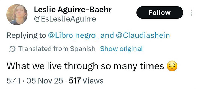 Tweet de Leslie Aguirre-Baehr reflexionando sobre la realidad de muchas mujeres con un emoji triste.