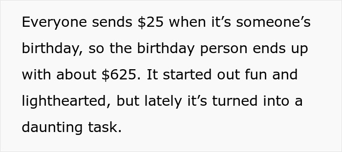 Los mensajes de texto sobre el dinero del cumpleaños del chat familiar que explican el envío de regalos de $25 se acumulan, pero con el tiempo resultan desalentadores