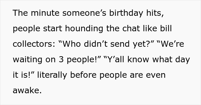 Texto sobre el chat familiar de dinero de cumpleaños que muestra a personas recordando a otros que envíen regalos rápidamente en mensajes grupales.