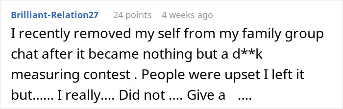 Captura de pantalla de un usuario compartiendo su experiencia sobre el dinero de cumpleaños en un chat familiar que se convirtió en un concurso de medición.