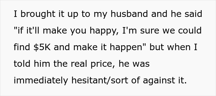 Texto sobre un fondo blanco que habla de las dudas sobre gastar $5K en una cirugía de nariz en lugar de fondos para la universidad de los niños.