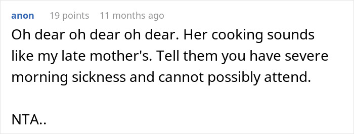 Comentario de texto en un foro sobre la peligrosa cocina de la suegra que hizo que una mujer embarazada considerara saltarse la cena de Acción de Gracias.