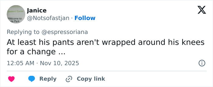 Tweet de Janice comentando sobre el estilo de los pantalones de Justin Bieber en medio de la preocupación por su hijo después de que los fanáticos notaron algo en su pene.