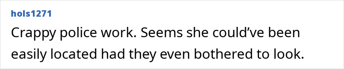 Texto del comentario mostrado sobre un fondo blanco que critica el trabajo policial relacionado con el cuerpo de una mujer desaparecida descubierto en un caso de garaje.