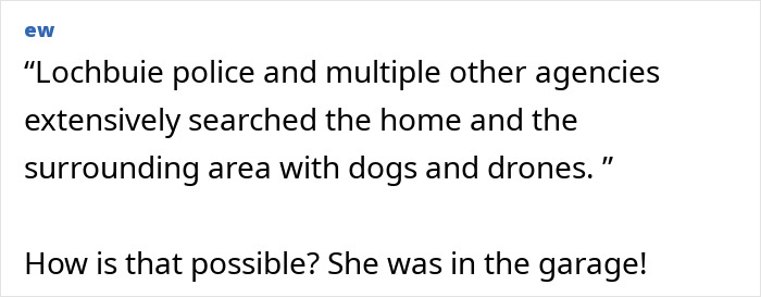 La policía y las agencias buscan exhaustivamente con perros y drones, el cuerpo de una mujer desaparecida se descubre en el garaje después de años