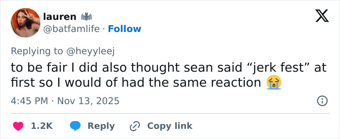 Tweet de Lauren reaccionando al error viral de Glen Powell durante una entrevista sobre el lado oscuro de Hollywood.
