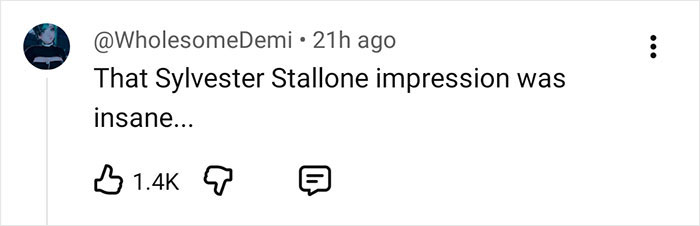 Captura de pantalla de un comentario en las redes sociales que elogia una imitación de Sylvester Stallone, relacionada con el error viral de Glen Powell en Hollywood.