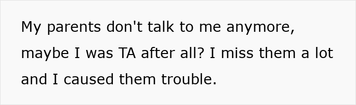 Texto sobre fondo blanco que expresa pesar porque los padres ya no hablan, insinuando un conflicto familiar sobre oportunidades profesionales y rivalidad entre hermanos.