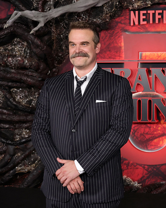 El actor David Harbour con un traje a rayas posando en un evento de Netflix con un fondo de textura oscura y carteles rojos.