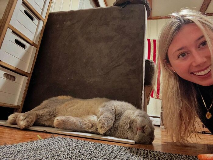 Mujer sonriente tumbada en el suelo junto a un conejo relajado, mostrando el lado afectuoso y parecido a un perro de Hoppy Gilmore.