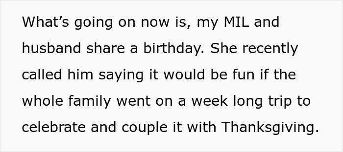 El texto sobre fondo blanco describe un plan de vacaciones familiar en el que una mujer excluye deliberadamente a su nuera enferma.