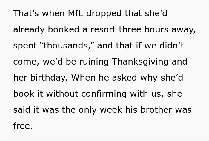 Extracto de texto de una historia de vacaciones familiares en la que una mujer excluye deliberadamente a un DIL enfermo, lo que provoca un conflicto.