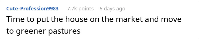 Captura de pantalla de un comentario de Reddit del usuario Cute-Profession9983 que dice que es hora de poner la casa en el mercado y mudarse.