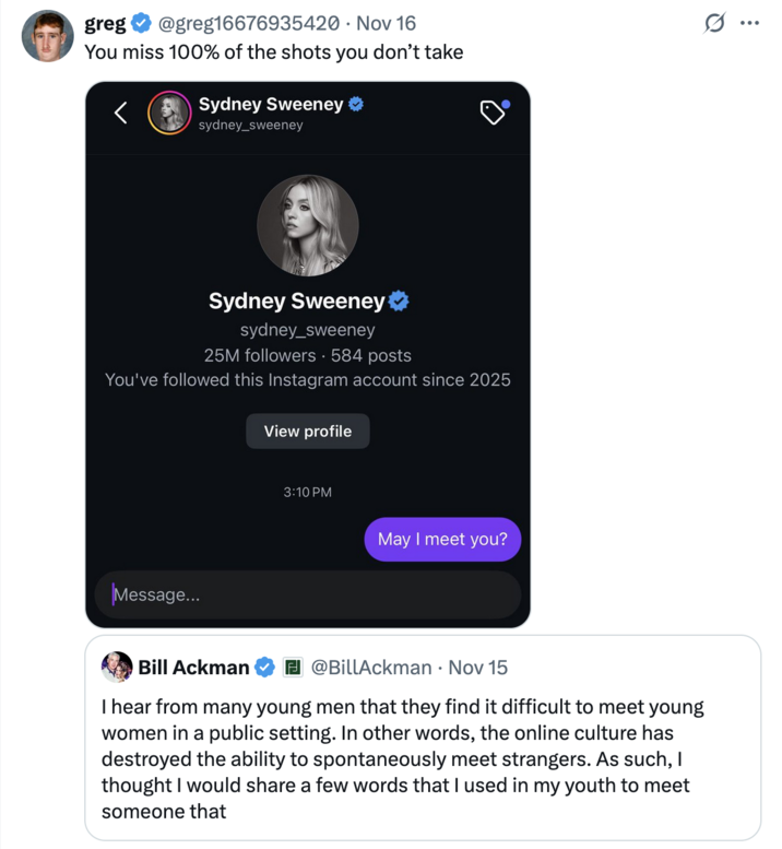El usuario de X @greg16676935420 tuiteó una captura de pantalla de él enviando un mensaje directo a Sydney Sweeney en Instagram, preguntándole 