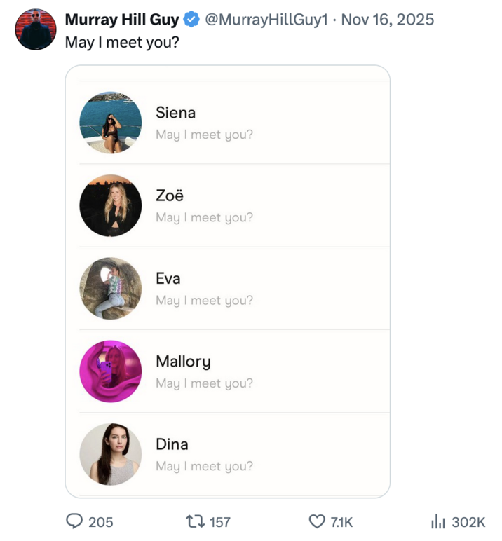 El usuario de X @MurrayHillGuy1 publicó una captura de pantalla de él enviando mensajes de texto a varias mujeres en una aplicación de citas, preguntándoles: 