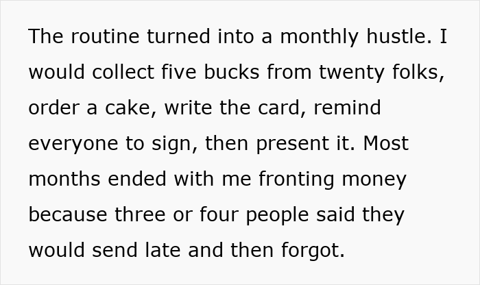 Texto sobre compañeros de trabajo que ocultan los pagos de Venmo para la organización de cumpleaños, lo que provoca frustraciones y se pierde las celebraciones de cumpleaños.