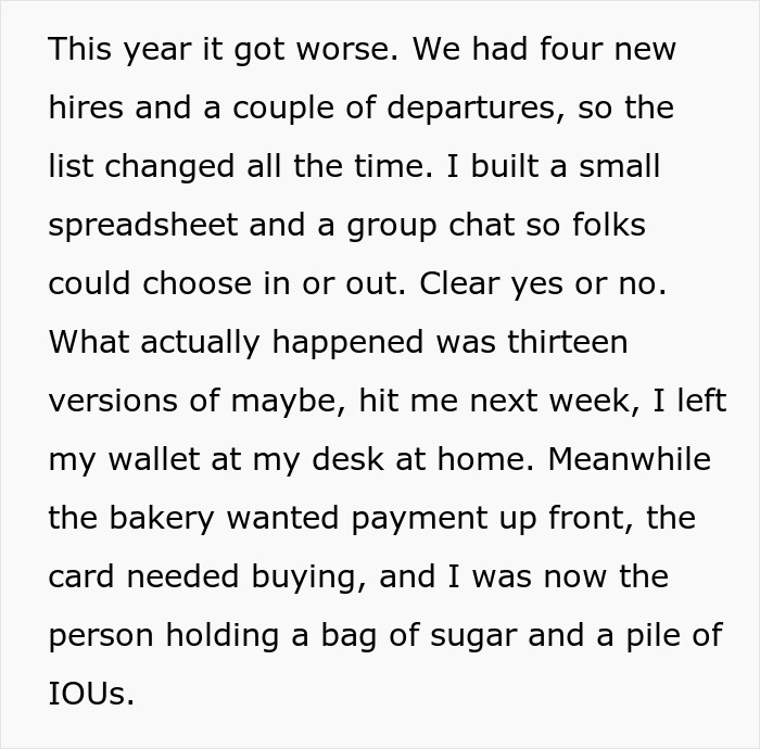 Texto que describe a compañeros de trabajo que intentan organizar un cumpleaños con Venmo fantasma y nadie confirma los pagos o la participación.