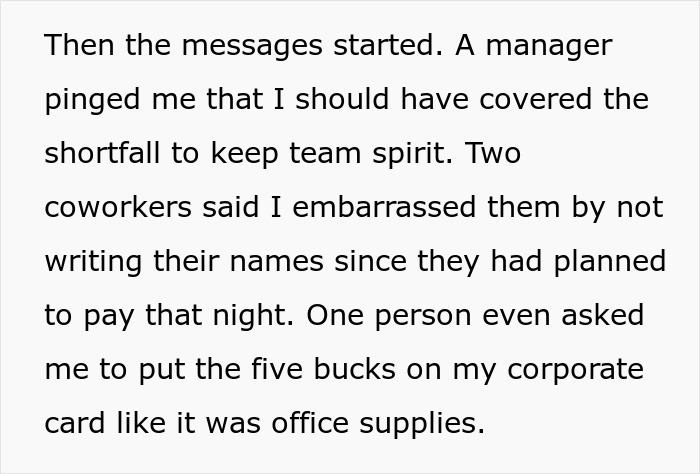 Extracto de texto de un compañero de trabajo sobre el efecto fantasma de Venmo y las disputas sobre las contribuciones de pago de cumpleaños en el trabajo.