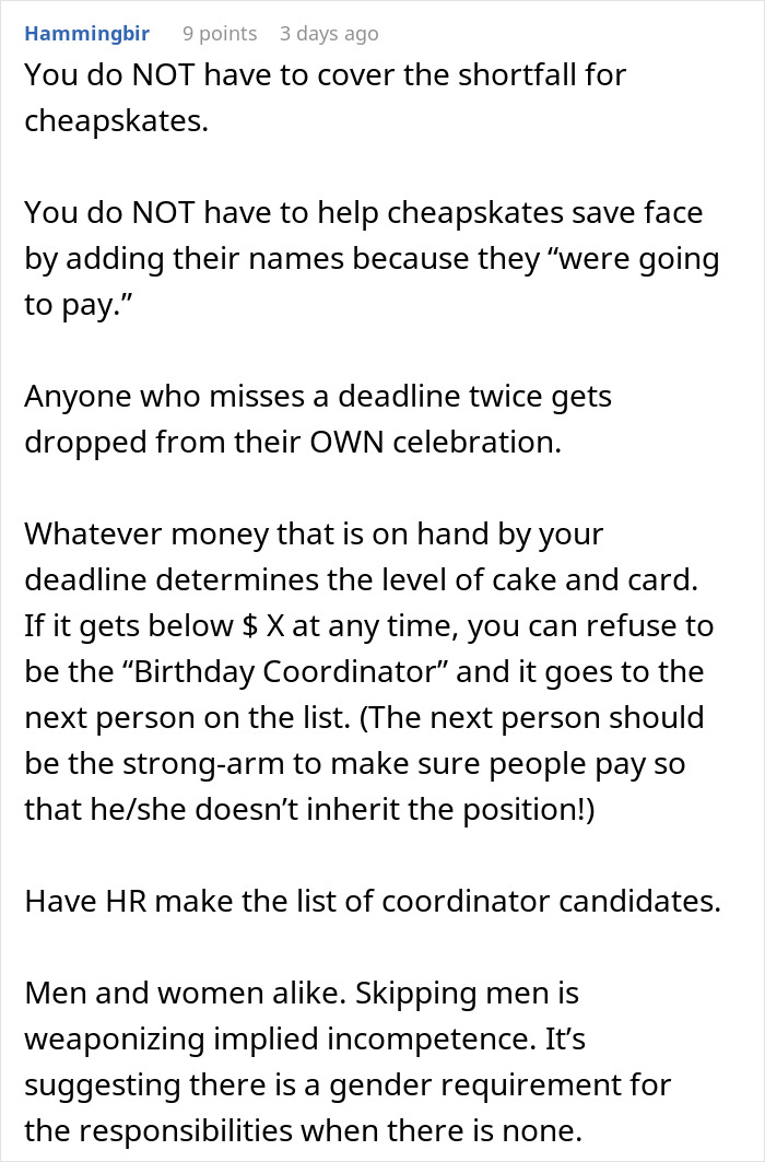 Comente sobre cómo los compañeros de trabajo ocultan al organizador de cumpleaños en Venmo y los problemas con la coordinación de las celebraciones de cumpleaños en el lugar de trabajo.