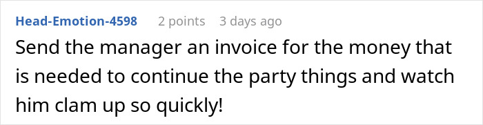 Comentario de texto sobre un fondo blanco sobre el envío de una factura a un gerente relacionada con compañeros de trabajo y organizadores de cumpleaños fantasma de Venmo.