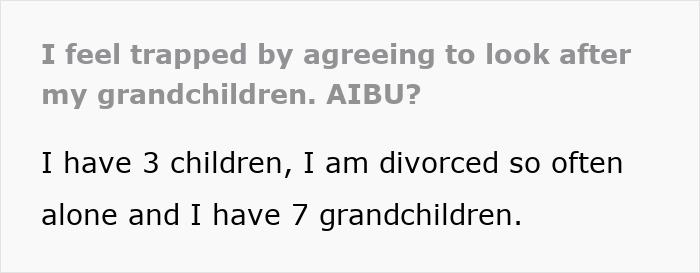 Texto que expresa sentirse estancado y atrapado cuidando nietos, con mención de tener 7 nietos y estar divorciado.