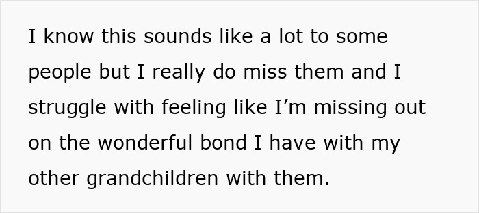 Texto sobre fondo blanco que expresa la falta de vínculo con los nietos a pesar de sentirse abrumado cuidando niños a cinco niños.