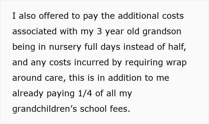 Envíe un mensaje de texto sobre el pago de costos adicionales por la guardería y las cuotas escolares de día completo de su nieto de 3 años mientras cuida a varios niños.