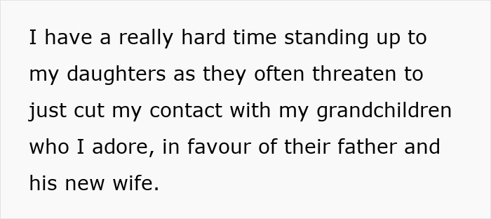 Texto sobre fondo blanco sobre una abuela que se siente atrapada cuidando a cinco niños y luchando con conflictos familiares.