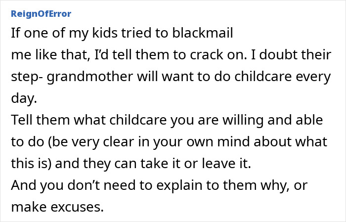 Comentario de texto sobre una abuela que se siente atrapada cuidando a cinco niños, expresando arrepentimiento y dando consejos sobre los límites del cuidado infantil.