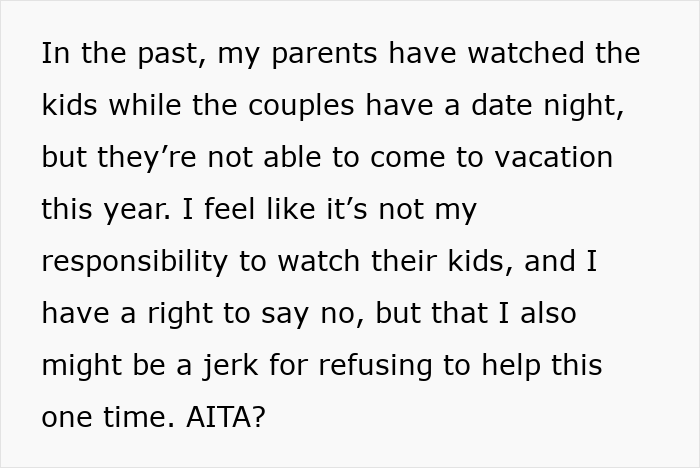 Publicación de texto sobre negarse a cuidar niños durante las vacaciones y sentirse etiquetado como egoísta por tener una vida y decir que no.