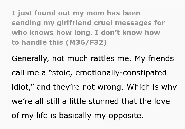 Texto que revela que un hombre corta los lazos con su madre después de que ella le envía mensajes crueles a su novia, mostrando sus verdaderas intenciones.
