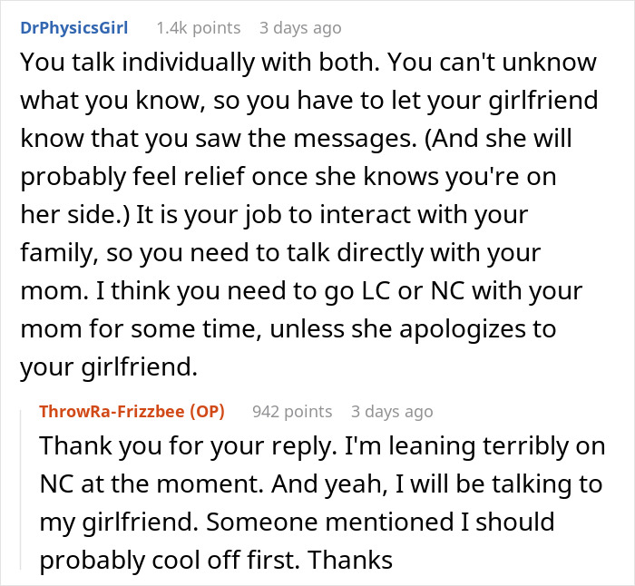 Hilo de consejos de Reddit que habla sobre un hombre que corta los lazos con su madre después de que sus mensajes de texto a su novia revelan su verdadera identidad.