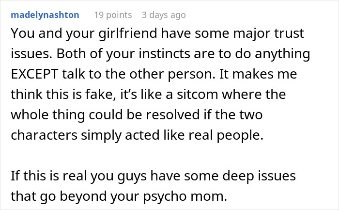 Comente sobre problemas de confianza después de que un hombre cortara los lazos con su madre, quien reveló sus verdaderas intenciones a través de mensajes de texto a su novia.
