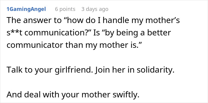 Mensaje de texto en una pantalla sobre cómo manejar una comunicación difícil y cortar los lazos con la madre después de revelarle la verdadera identidad a su novia.