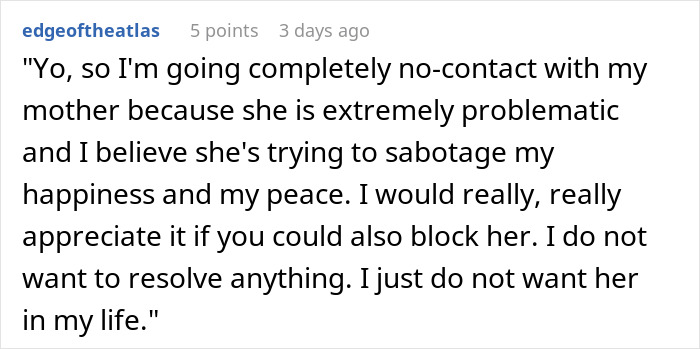 Mensaje de texto donde un hombre explica cortar los lazos con su madre debido a su comportamiento problemático e intentos de sabotaje.