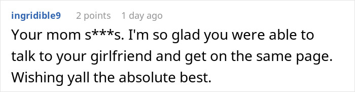 Captura de pantalla de un comentario de Reddit que apoya a un hombre que corta los lazos con su madre después de que ella le reveló sus verdaderos colores a su novia.