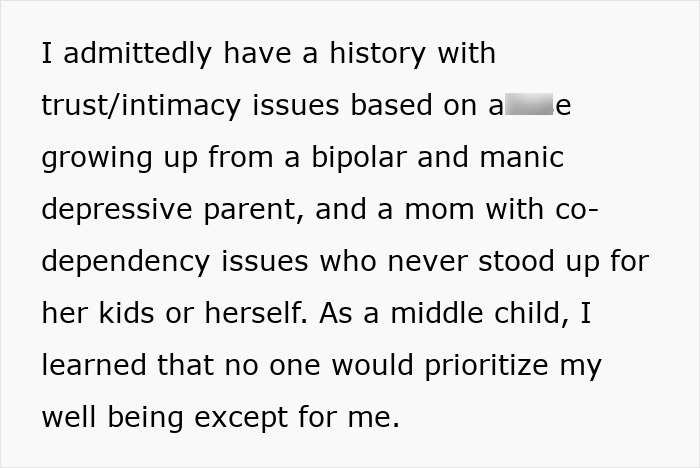 Texto sobre problemas de confianza e intimidad de un padre bipolar y maníaco depresivo que influye en la priorización del bienestar personal.