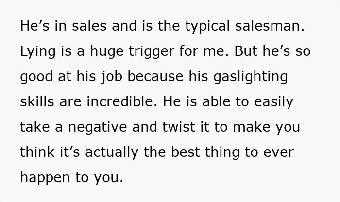 Texto sobre un hombre en ventas con habilidades para iluminar con gas que prioriza el trabajo y finge no tener familia.