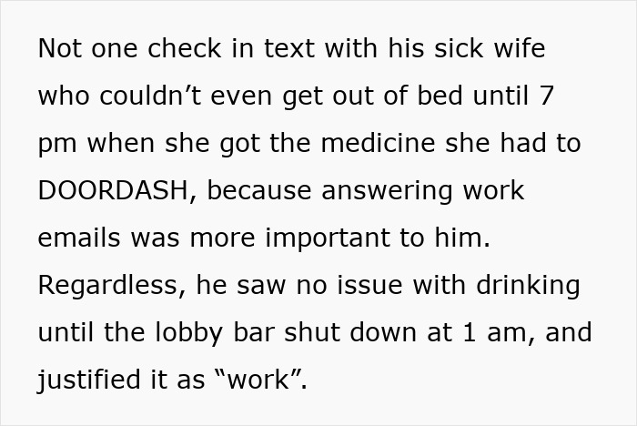 Texto que describe a un hombre que prioriza el trabajo sobre su esposa enferma, ignorando sus necesidades y concentrándose en los correos electrónicos hasta altas horas de la noche.