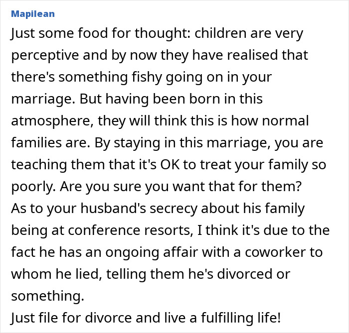 Texto alternativo: El hombre prioriza el trabajo sobre la familia, fingiendo no tenerla, mientras que la esposa es consciente y quiere permanecer en el matrimonio.