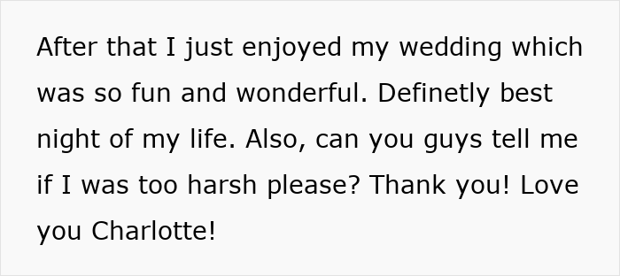 Publicación de texto con una novia reflexionando sobre su boda y preguntando si sus acciones de venganza salvaje por controlar a MIL fueron demasiado duras.