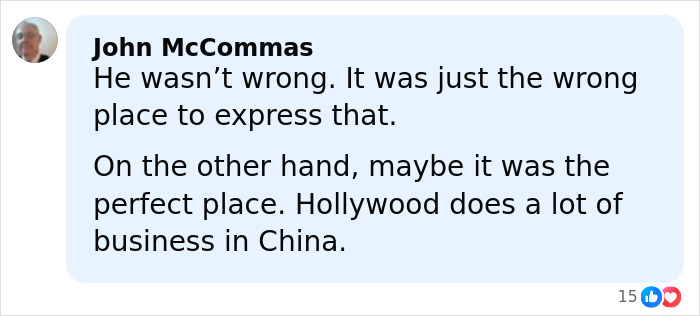 Comentario de un usuario sobre Hollywood y China en una publicación en las redes sociales sobre Richard Gere excluido de los Oscar durante dos décadas.