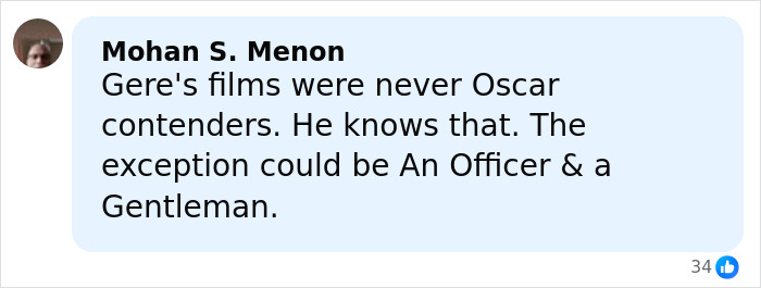 Captura de pantalla de un comentario sobre Richard Gere y su historia con los Oscar y el reconocimiento cinematográfico.