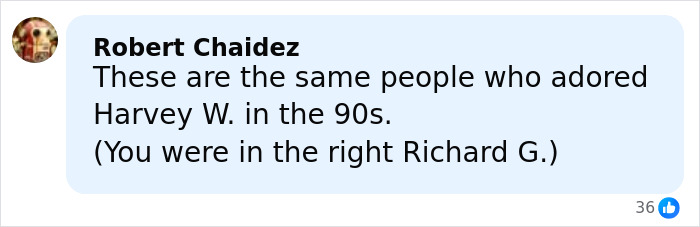 Comentario de Robert Chaidez que menciona a Richard Gere y hace referencia a la admiración pasada por Harvey W. en los años 90.