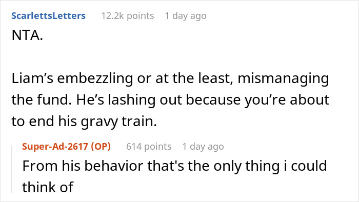 Captura de pantalla de una discusión en línea sobre un administrador de fondos sospechoso que se niega a mostrar recibos y una mujer que se niega a pagar más.